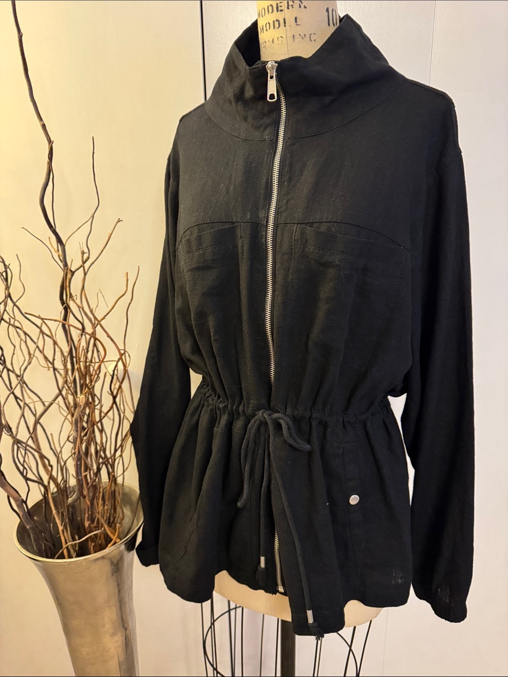 Old Navy Black Linen Drawstring Zip Utility Jacket